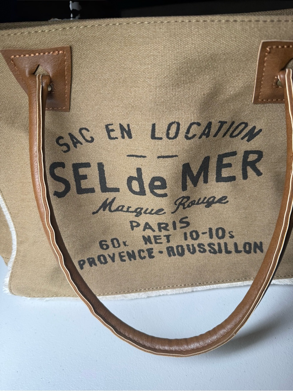 Lamyba Medium Size French-Inspired Canvas Tote in Tan with Brown Leather Handles